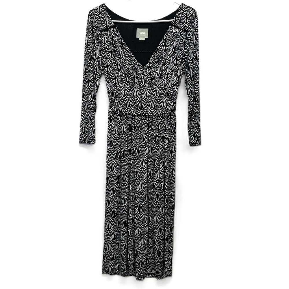 Maeve Anthropologie Black White Womens Faux Wrap Galena Midi Dress XS